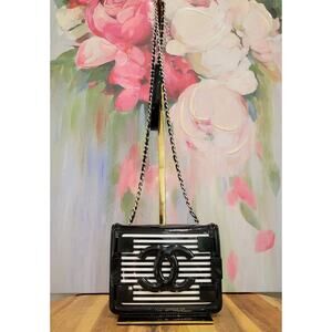 AUTH CHANEL LEGO CHAIN BAG BLACK WHITE PATENT LEATHER LADIES W16XH12XD5CM F/S
